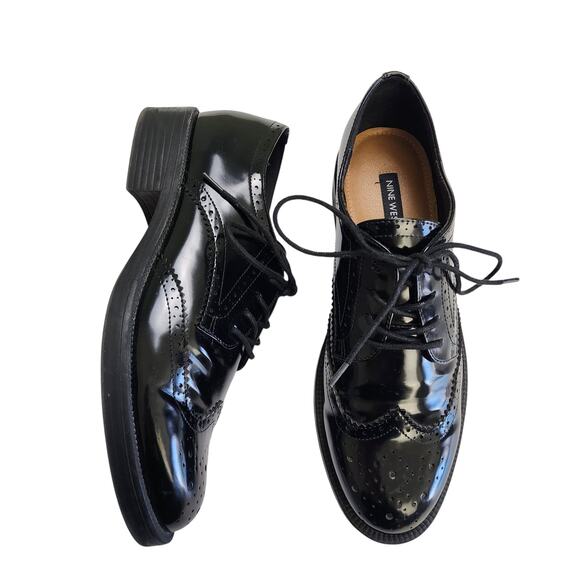 Nine West Womens Studey Lace Up Wingtip Loafers Size 9 Black Glossy Faux Leather - Picture 1 of 10